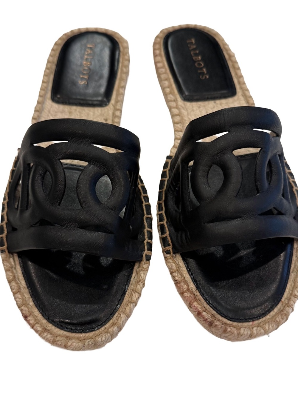 Talbots llyssa Links Nappa Espadrille Slides Black Leather Chain Link Sz 8.5 NEW